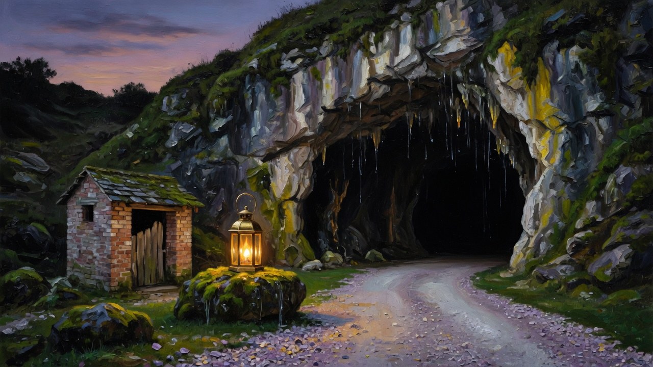 A limestone cave mouth at dusk beside a brick well house and a glowing lantern
