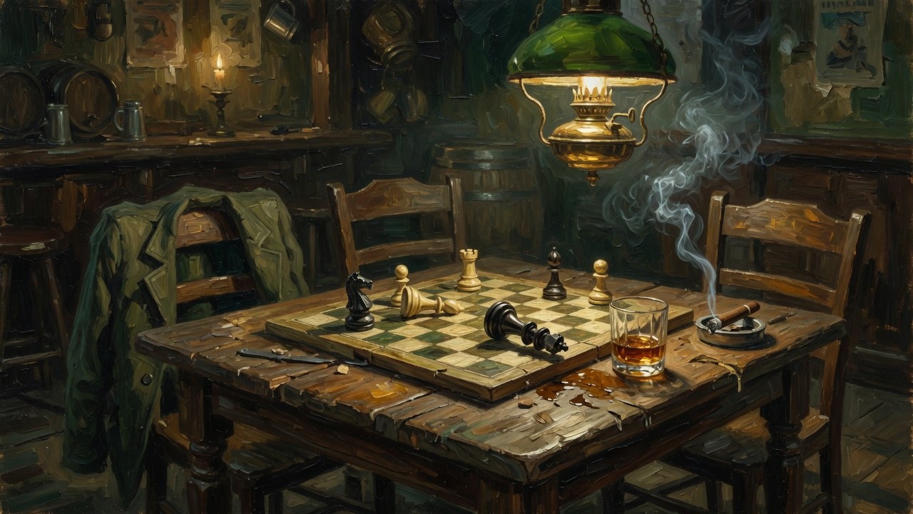A tavern chessboard in lamplight with a fallen king, whiskey, and smoke