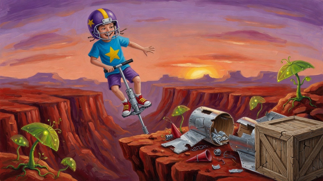 A boy in a purple football helmet rides a pogo stick over a Martian canyon beside a homemade rocket in pieces