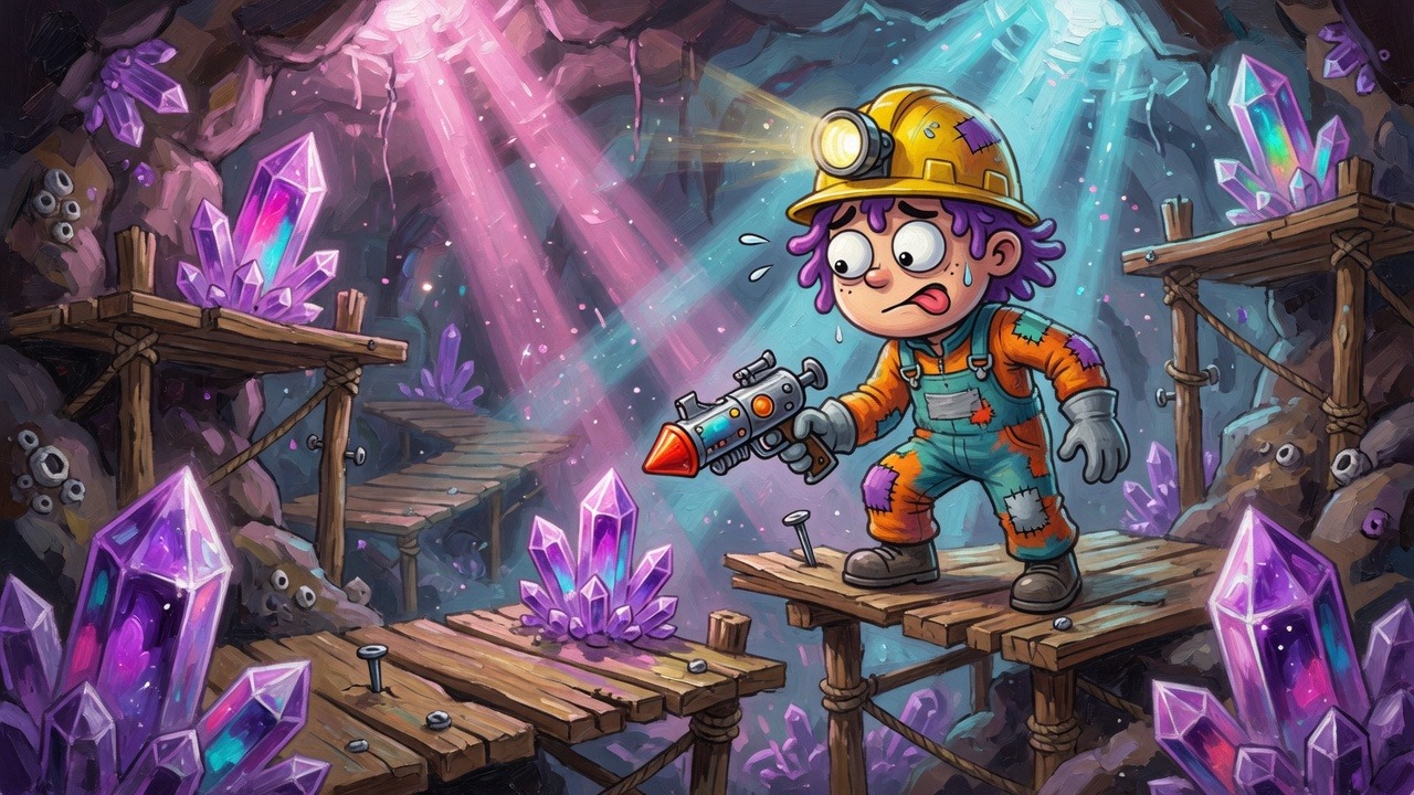A cartoon space miner with a rocket pistol on wooden platforms among giant crystals