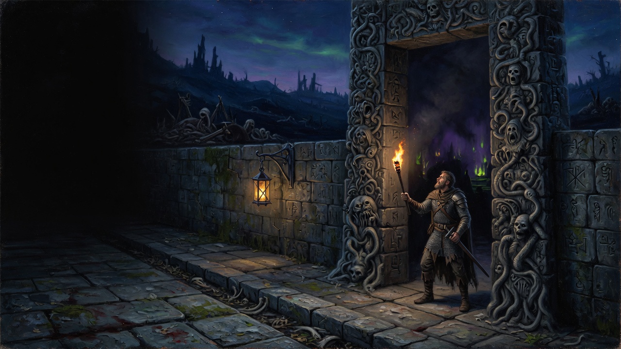 A lone adventurer with a torch stands at a carved stone gate at night