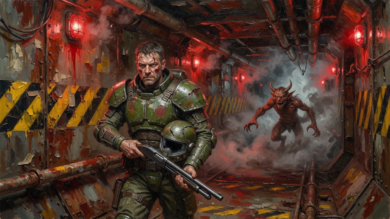 An open-faced space marine with a shotgun in a rusted industrial corridor as an imp lunges through smoke