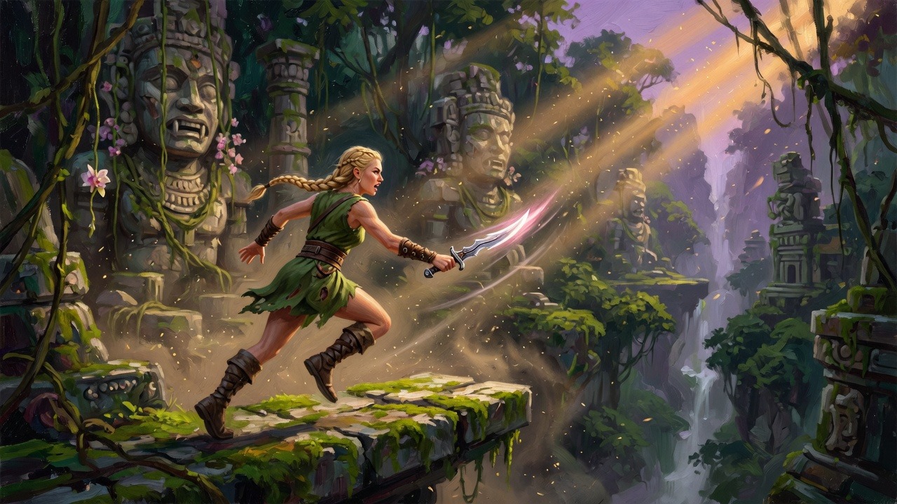 A blonde woman in jungle gear runs a mossy ruin ledge as a throwing blade flies from her hand