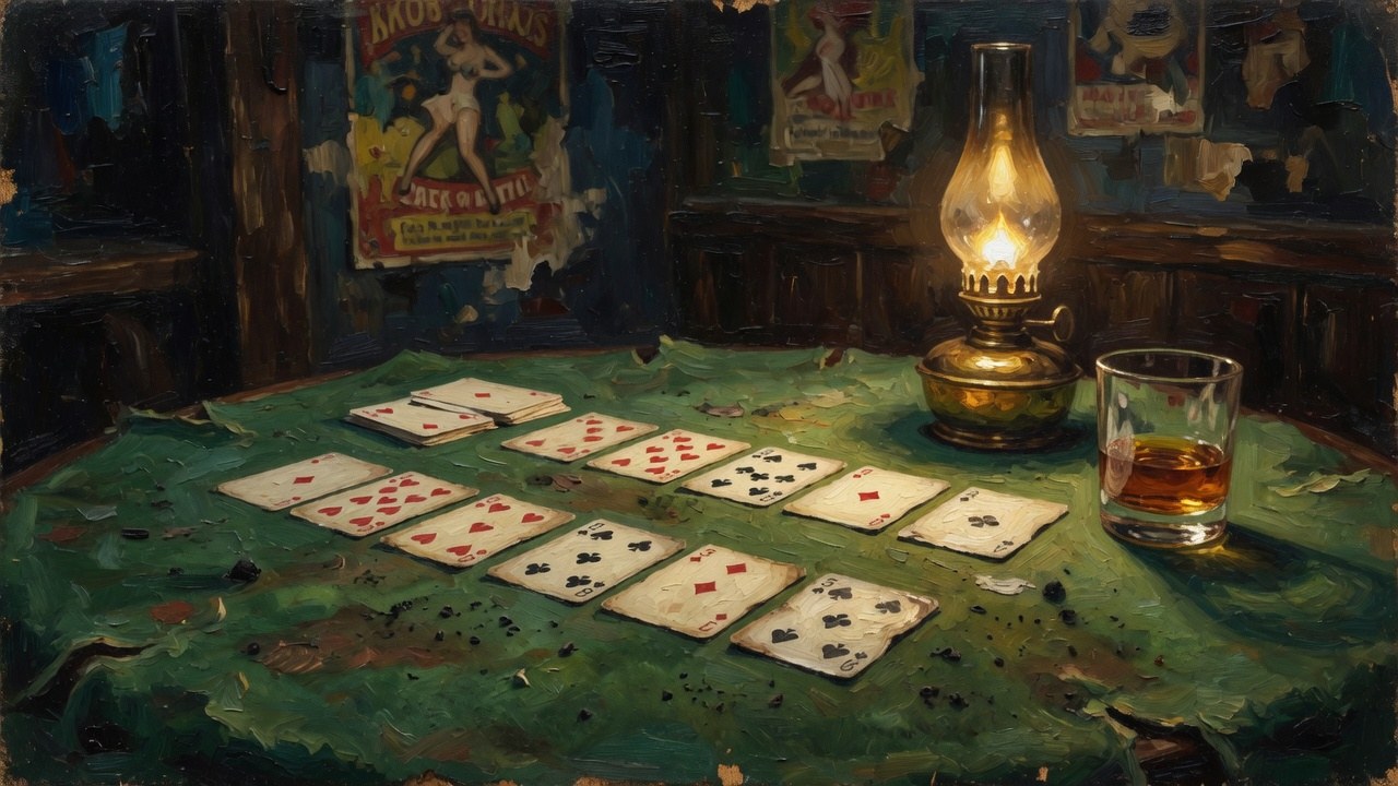 A green felt card table with a solitaire spread, oil lamp, and whiskey