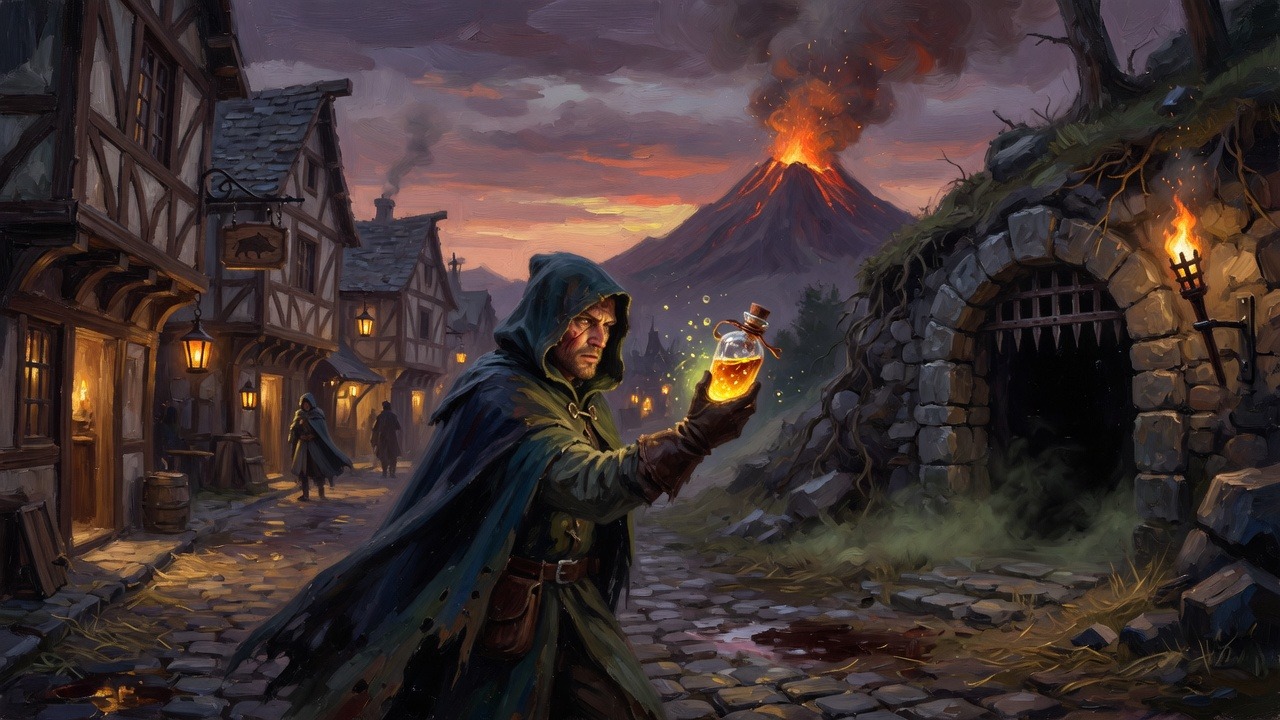 A cloaked adventurer holds a glowing potion on a town street beside a dungeon mouth and a volcano