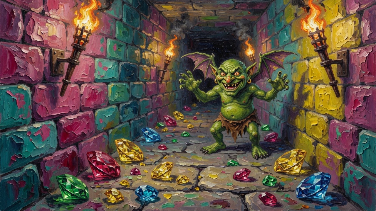 A first-person candy-colored stone corridor with jewels on the floor and a grinning goblin