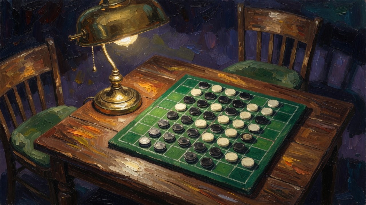 A green Reversi board with black and white discs under a brass lamp