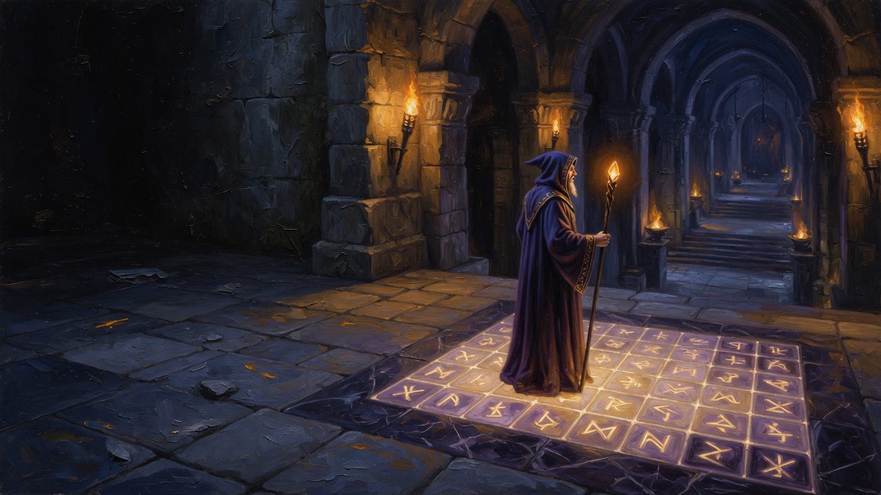 A robed wizard stands on a glowing rune grid in a torch-lit hall of arches