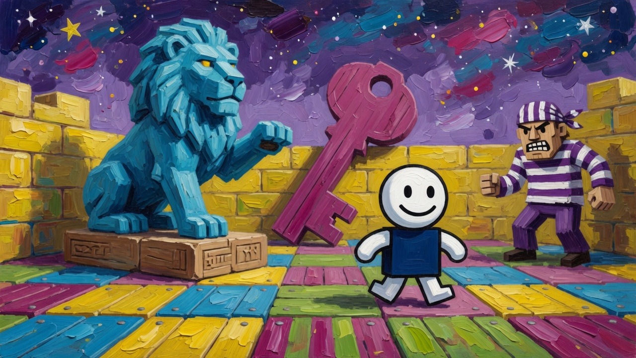 A white smiley-face hero walking a colorful tiled plaza of a cyan lion, a giant magenta key, and a purple ruffian
