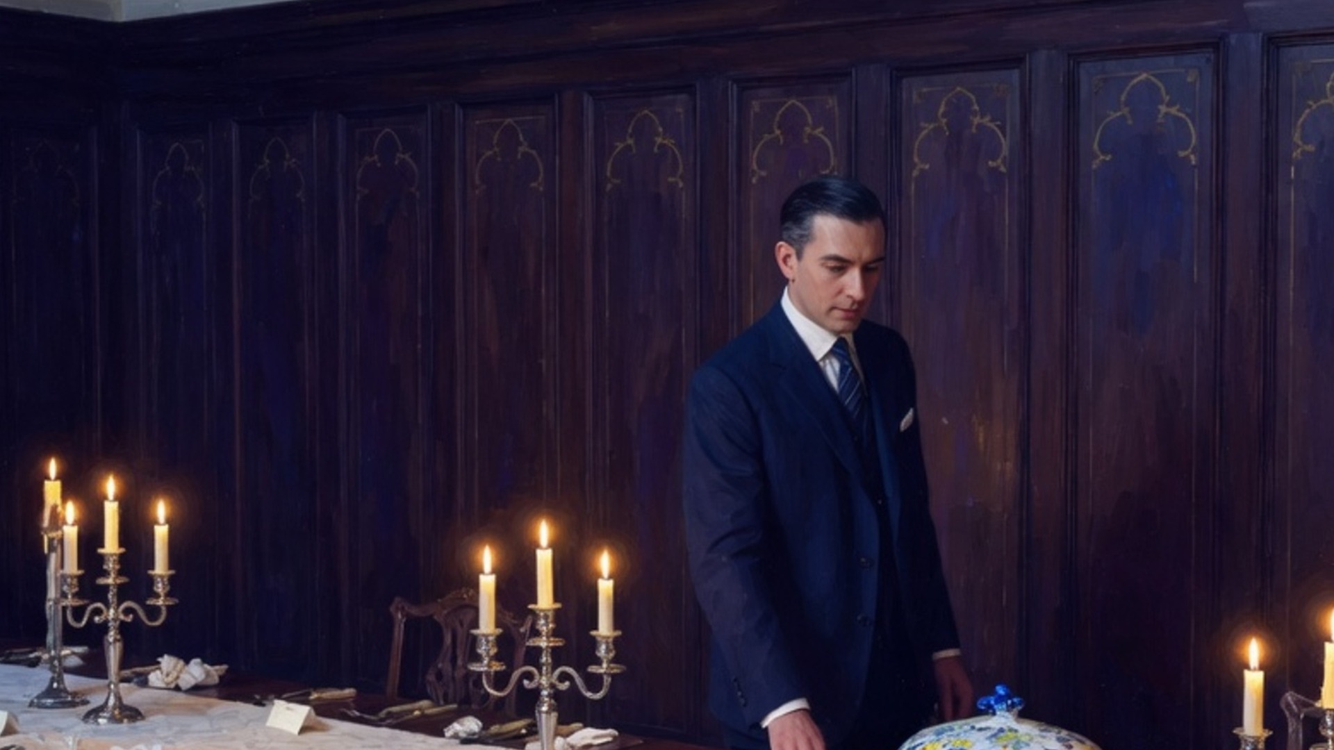 A man in a navy suit stands at a candlelit dining table beside a blue-and-gold tureen