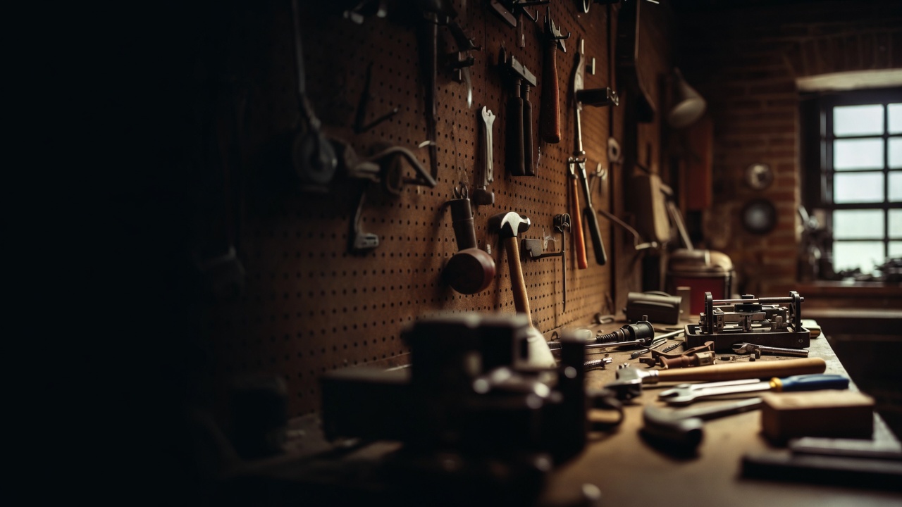A wooden workbench of hammers, wrenches, and a vise under warm shop light