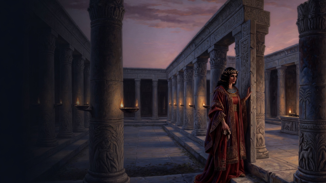A woman in a red embroidered robe and gold circlet stands in a lamp-lit limestone colonnade at dusk