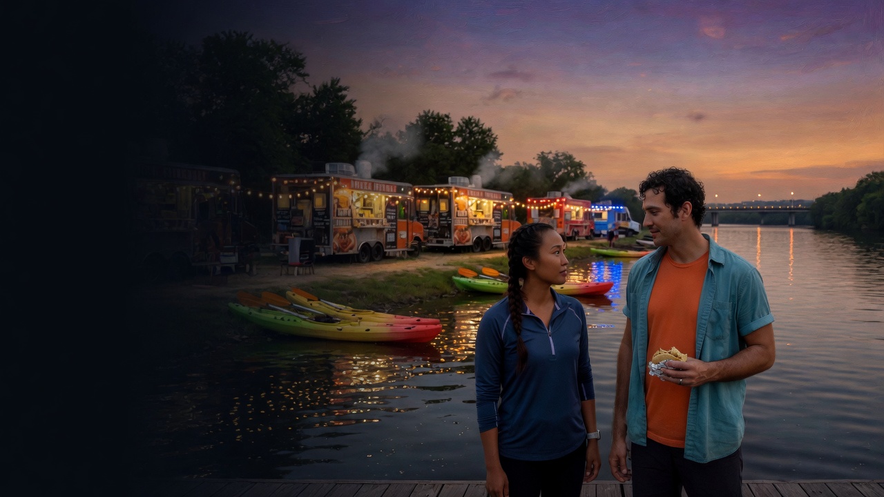 A woman and a man stand by a dusk lakeshore with food trucks, kayaks, and string lights behind them