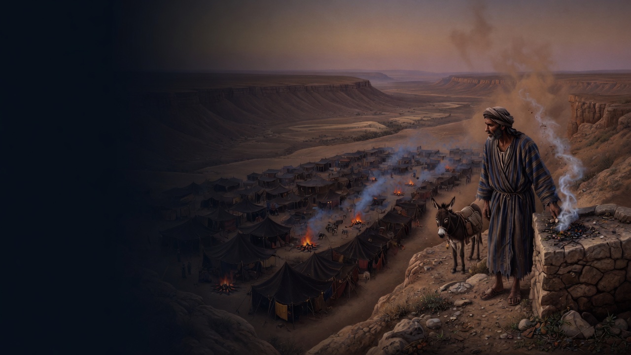 A seer in a striped robe stands on a cliff with a donkey above a desert camp of black tents