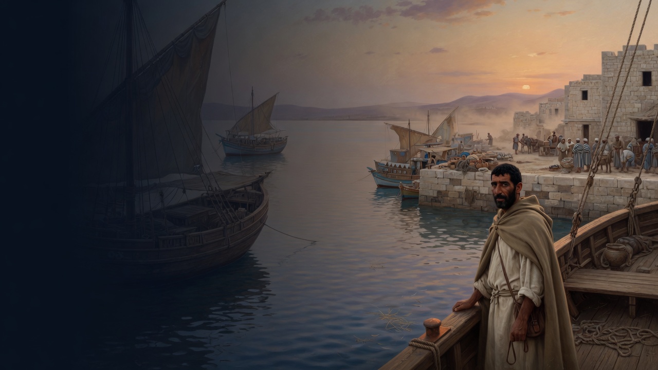 A bearded man in a beige cloak stands at a ship's rail in a Levantine harbor at sunset