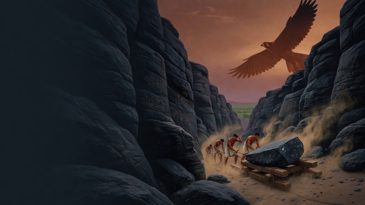 Four men haul a dark greywacke block on a sledge through a carved desert canyon as an eagle flies above