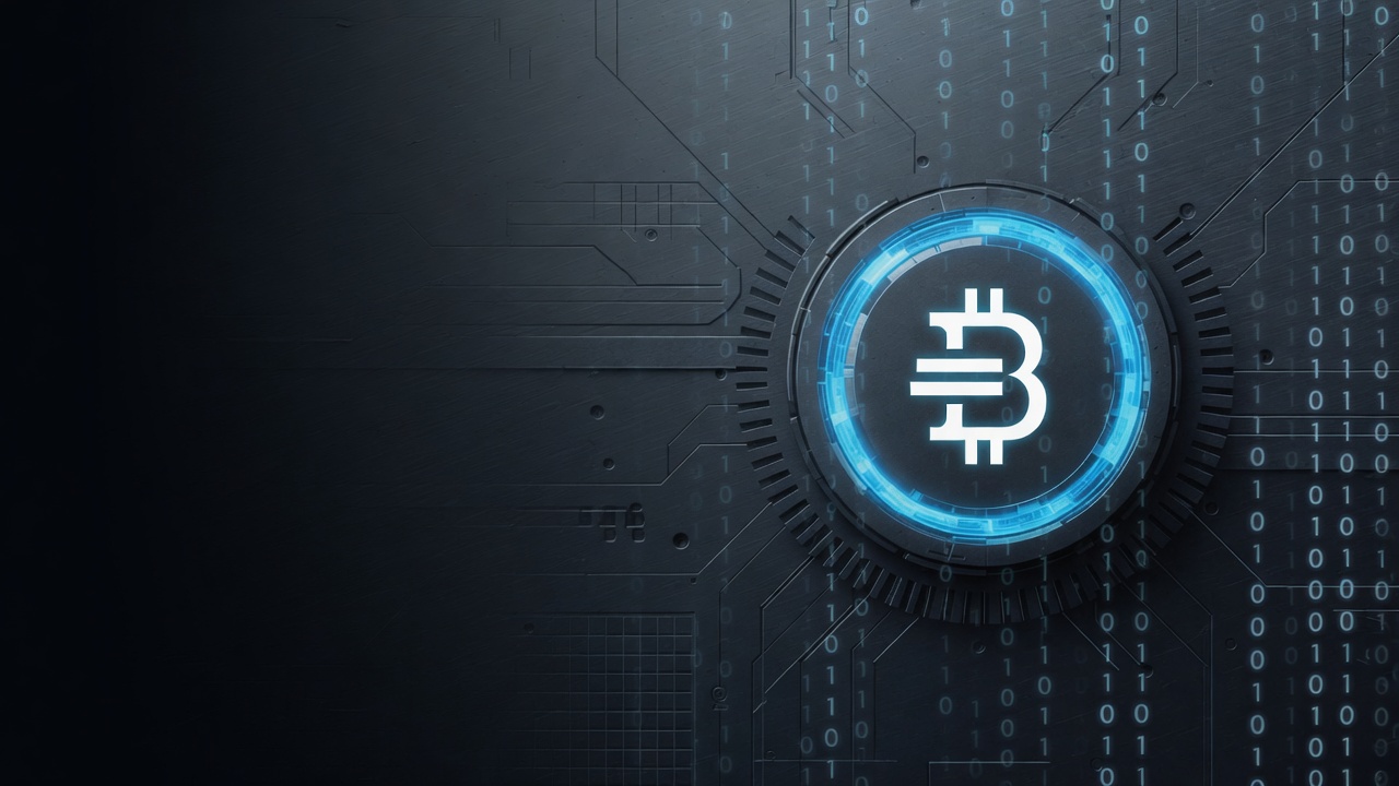 A cyan Bitcoin emblem sits in dark brushed metal with faint circuit traces