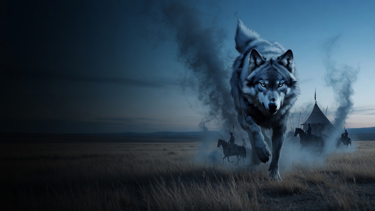 A blue-grey wolf runs across a dusk steppe toward horsemen and a ger tent