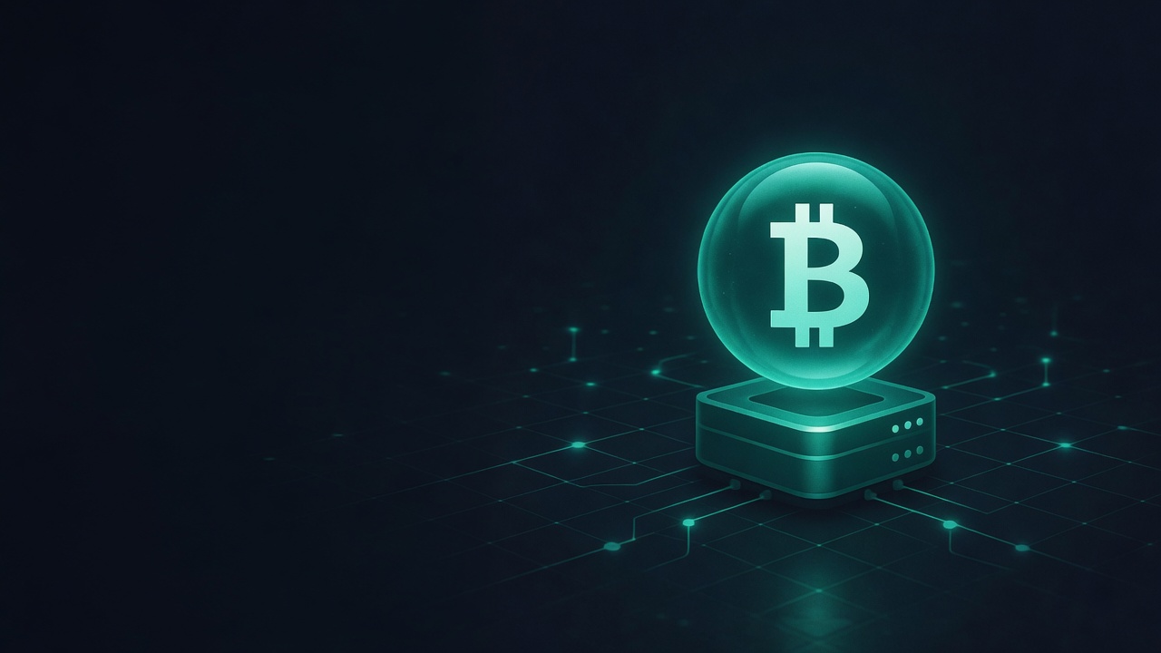 A teal Bitcoin sphere sits on a small server block on a glowing grid