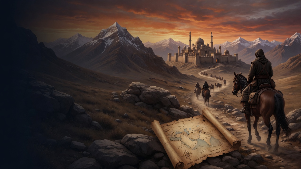 A hooded rider leads a caravan toward a mountain fortress at sunset, an unrolled map on the stones