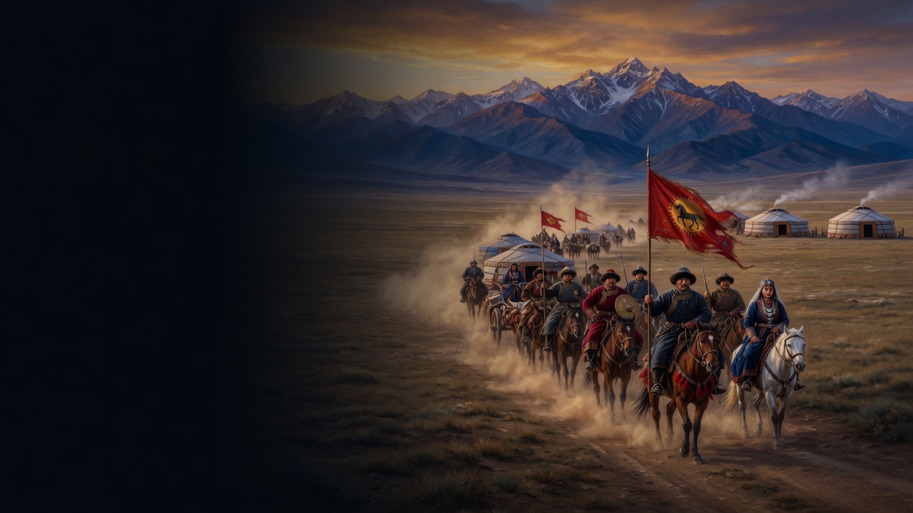 A migrating column of riders and yurt-carts crosses the steppe under a red horse banner toward snow peaks