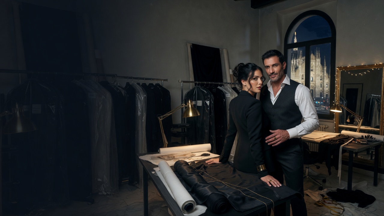 A woman in black and a man in a waistcoat stand at a cutting table of black silk in a Milan atelier at night