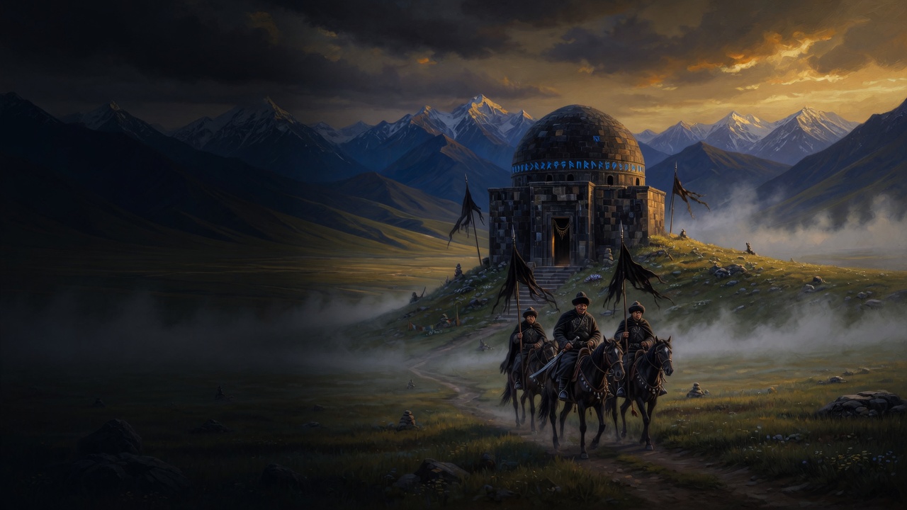 Three black-cloaked riders approach a stone burial dome under storm light in the Tian Shan