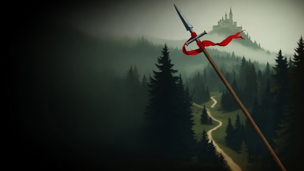 A spear with a red ribbon stands before a misty fir forest and a hilltop castle