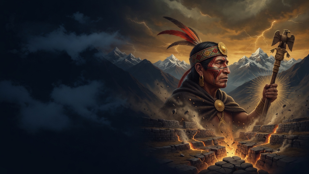 An Andean ruler with a condor staff stands above cracked stone terraces and lightning in the peaks