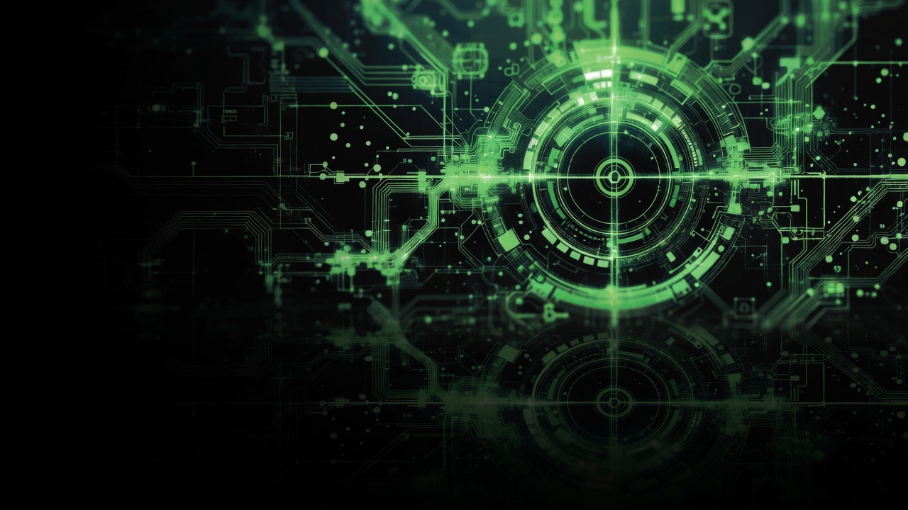 A green circular HUD and circuit pattern glows on black