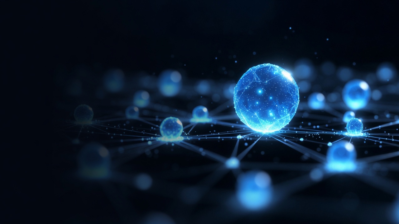 A glowing blue network sphere sits on a dark field of connected nodes