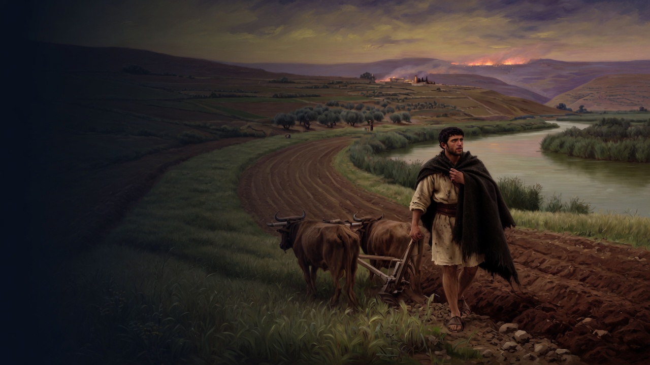 A young plowman wraps a dark mantle around his shoulders beside an ox, a river, and a distant ridge fire