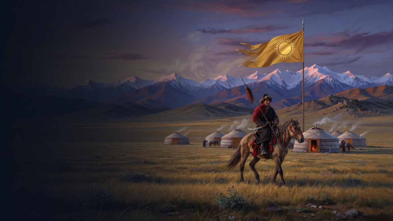 A rider in a red coat holds a spear beneath a gold sun banner, yurts and snow peaks behind him