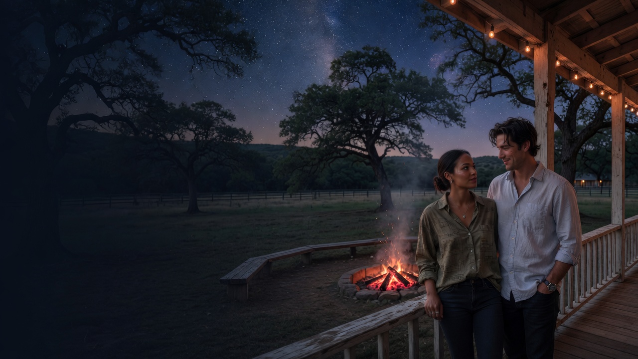 A woman and a man stand on a ranch porch at night beside a firepit under live oaks and stars