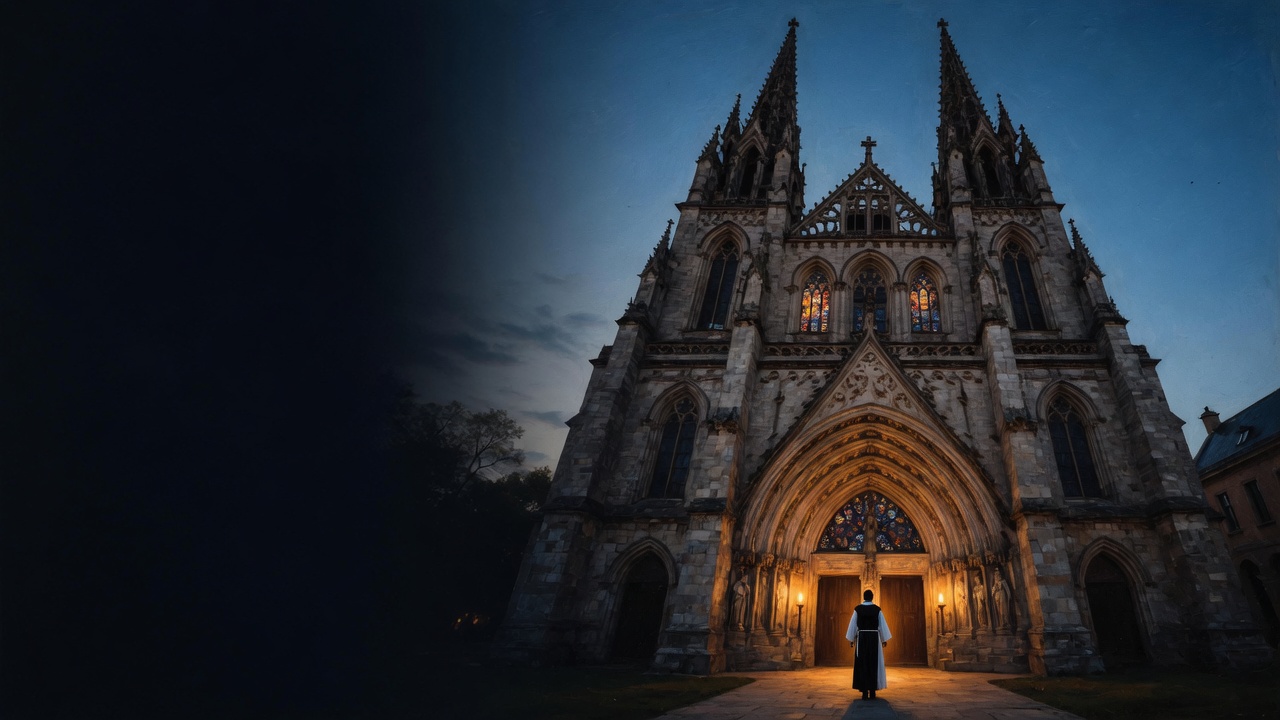A Gothic cathedral at dusk with warm light in the doorway and a small friar walking toward it