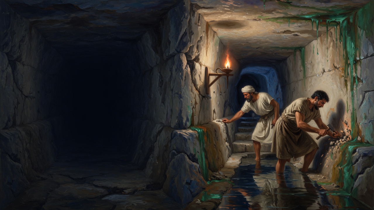 Two men wade a torchlit limestone water tunnel, one tracing the wall, one striking rock