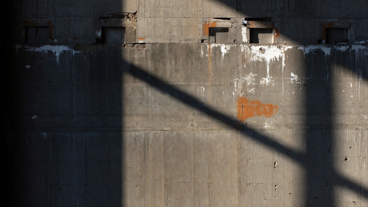 A stained concrete wall with rust marks, empty niches, and long hard shadows