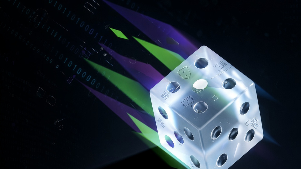 A glowing die casts green and violet beams across a dark field of faint binary