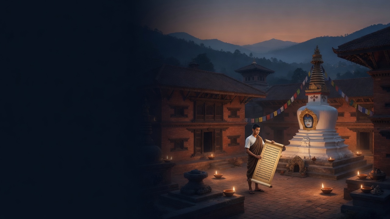 A young scribe holds a scroll in a brick palace courtyard beside a white stupa at dusk