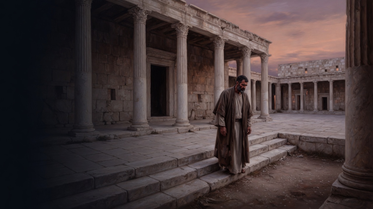 A weary man in a worn brown cloak descends limestone temple steps at dusk