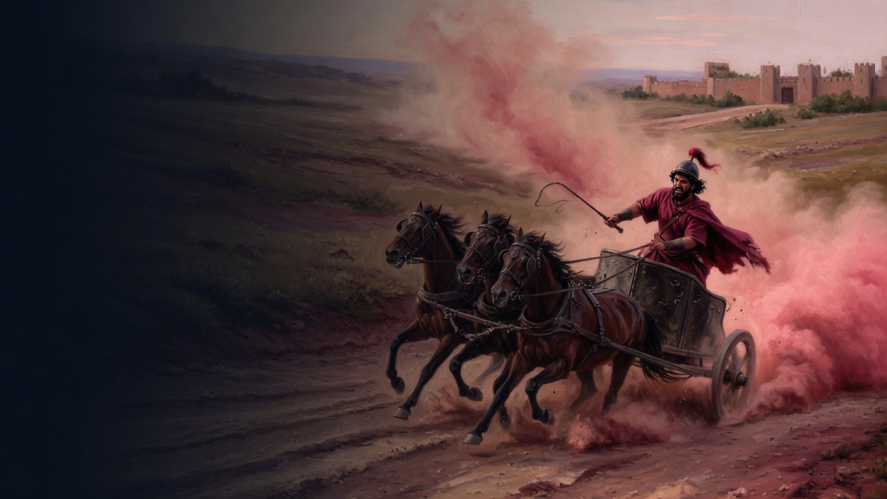 A crimson-cloaked charioteer drives three horses through pink dust toward a fortress