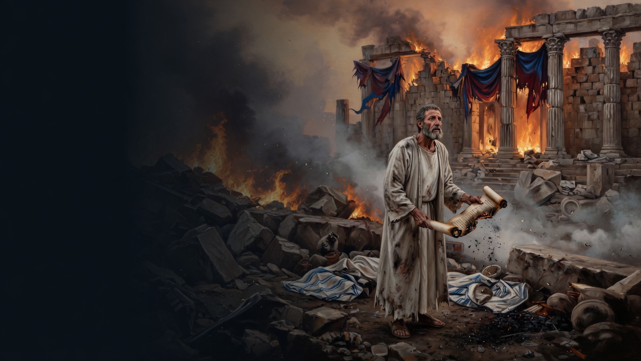 A soot-stained prophet holds a burning scroll before a ruined colonnade on fire