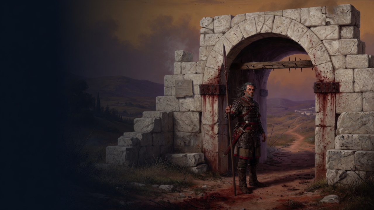 A grey-bearded warrior in scale armor stands in a blood-stained stone arch at dusk