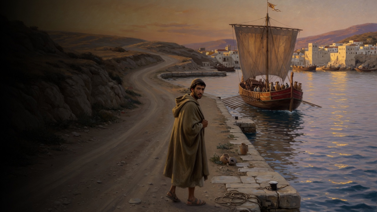 A young man in a tan cloak looks back along a stone quay as a lateen-sailed ship leaves harbor