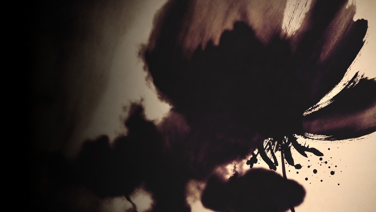 Dark botanical silhouettes and ink spatters on cream-sepia paper