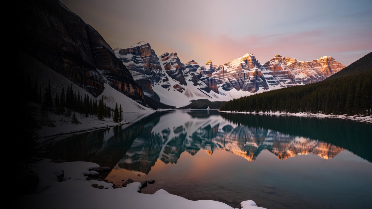 Snow peaks and a pine forest reflected in a still alpine lake at dawn