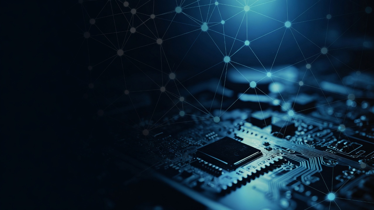Glowing blue network nodes and lines sit over a dark circuit board