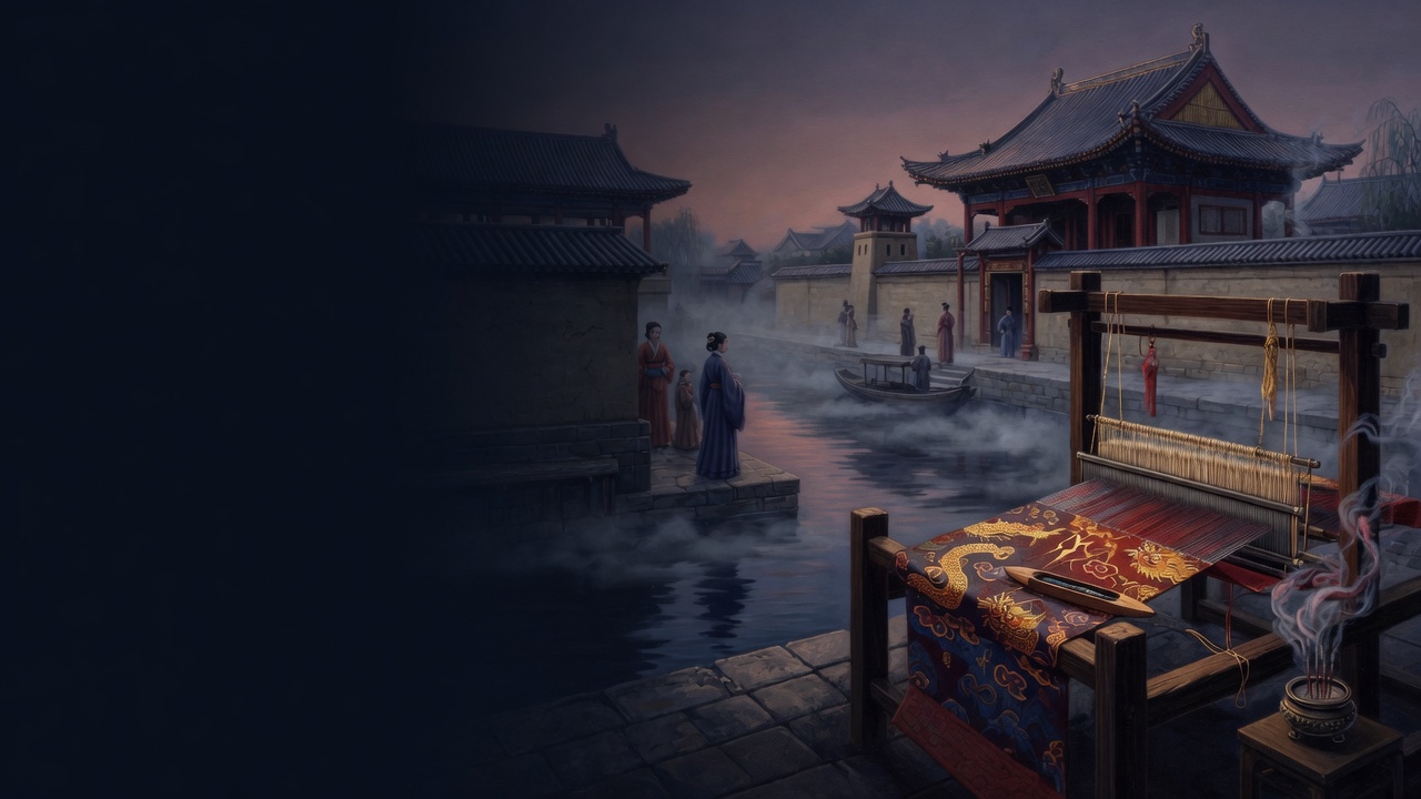 A wooden loom with dragon brocade sits on a misted Jiankang canal at dusk beside tiled palace roofs