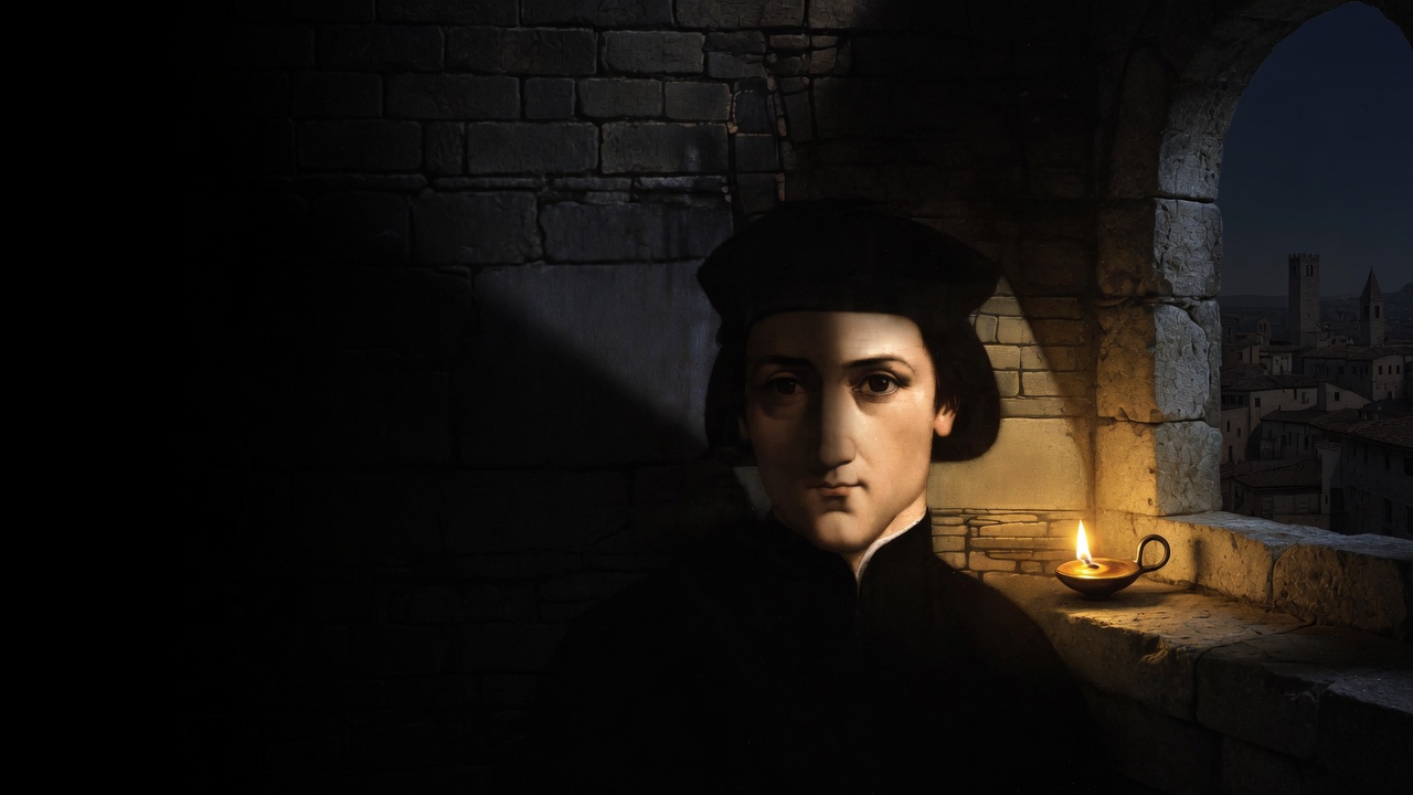 Dante in a dark cap and robe sits by a lamp in a stone chamber, a night city visible through an arch