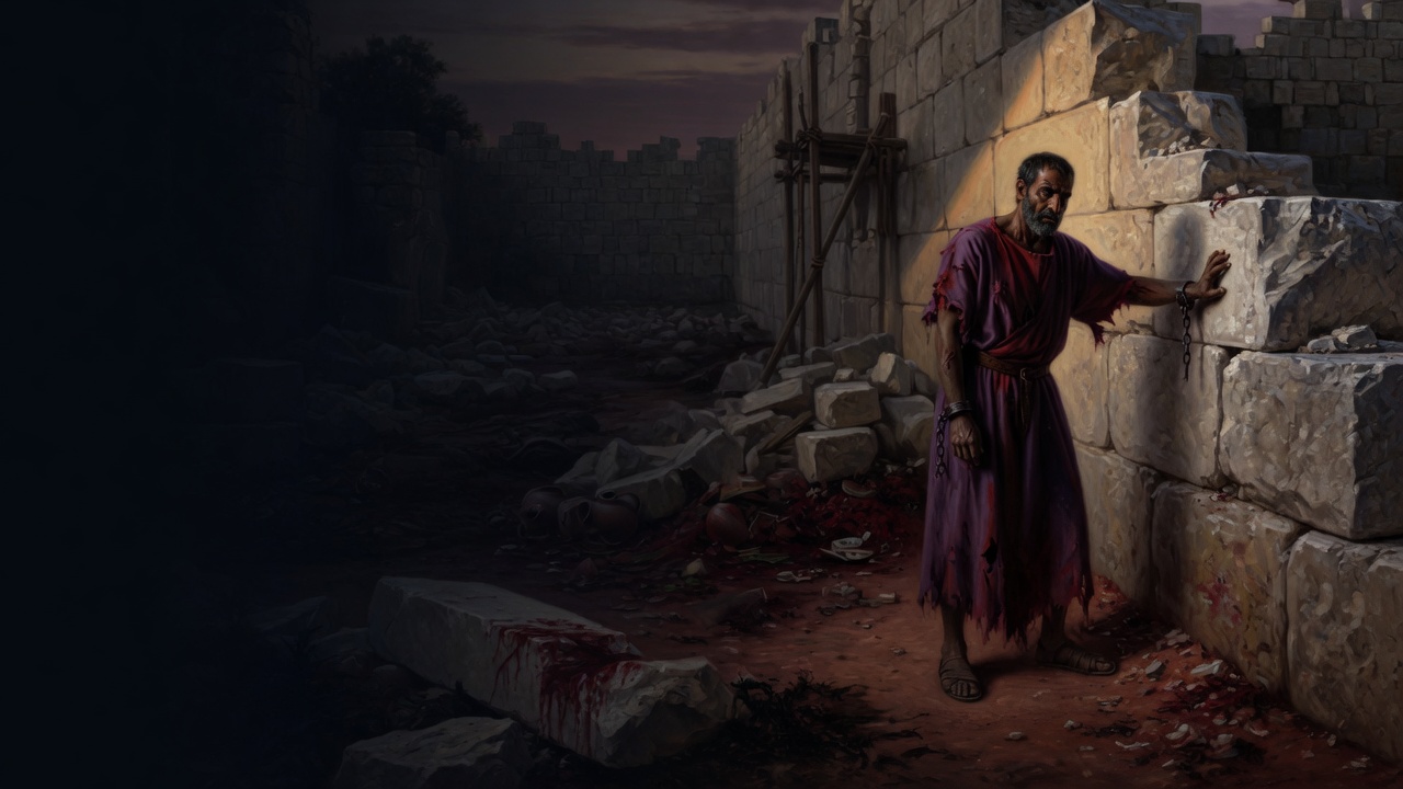 An older man in a torn purple robe and shackles rests a hand on a massive limestone wall at dusk